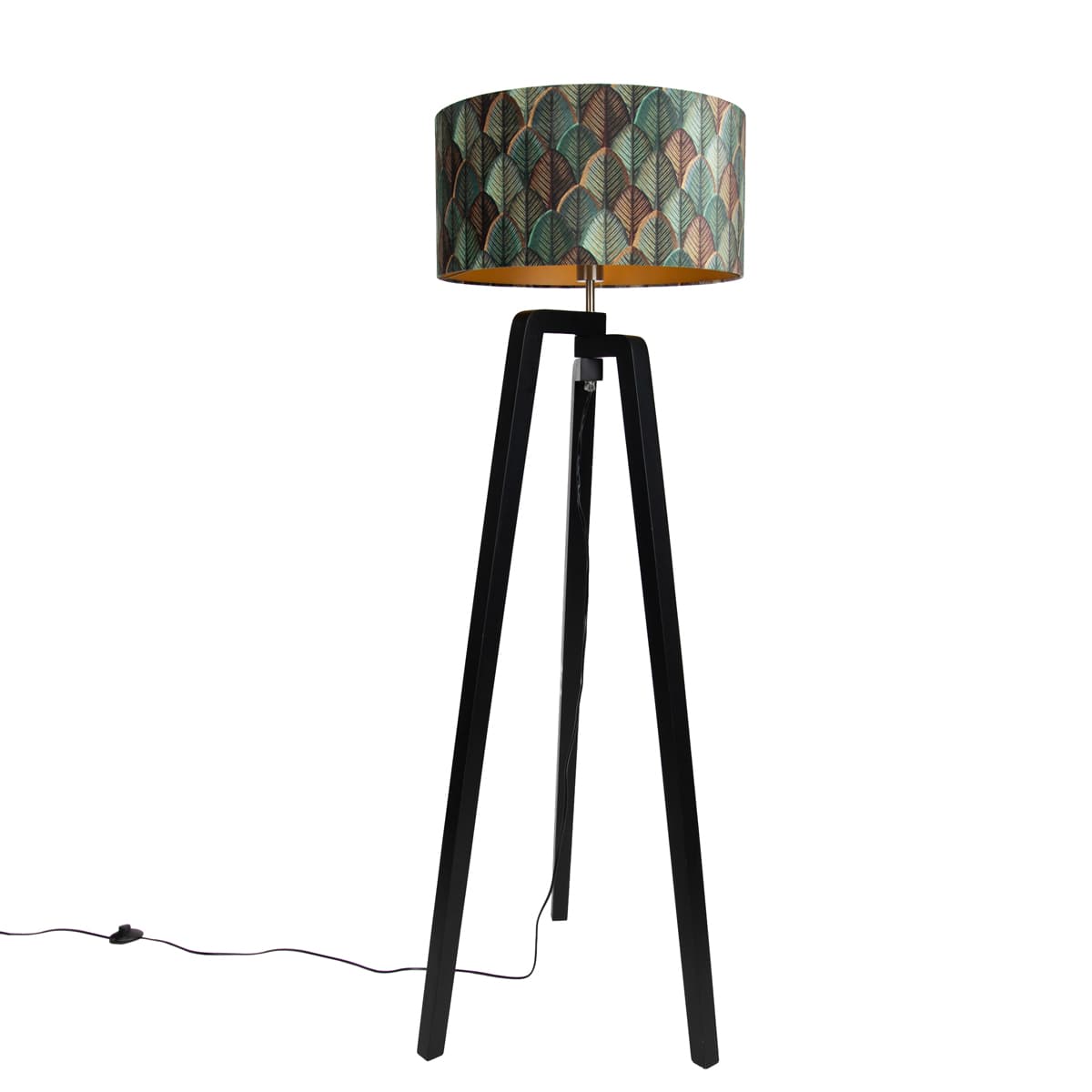 Stojacia lampa čierna trojnožka s tienidlom s dizajnom listov a zlatým interiérom 50 cm - Puros 1