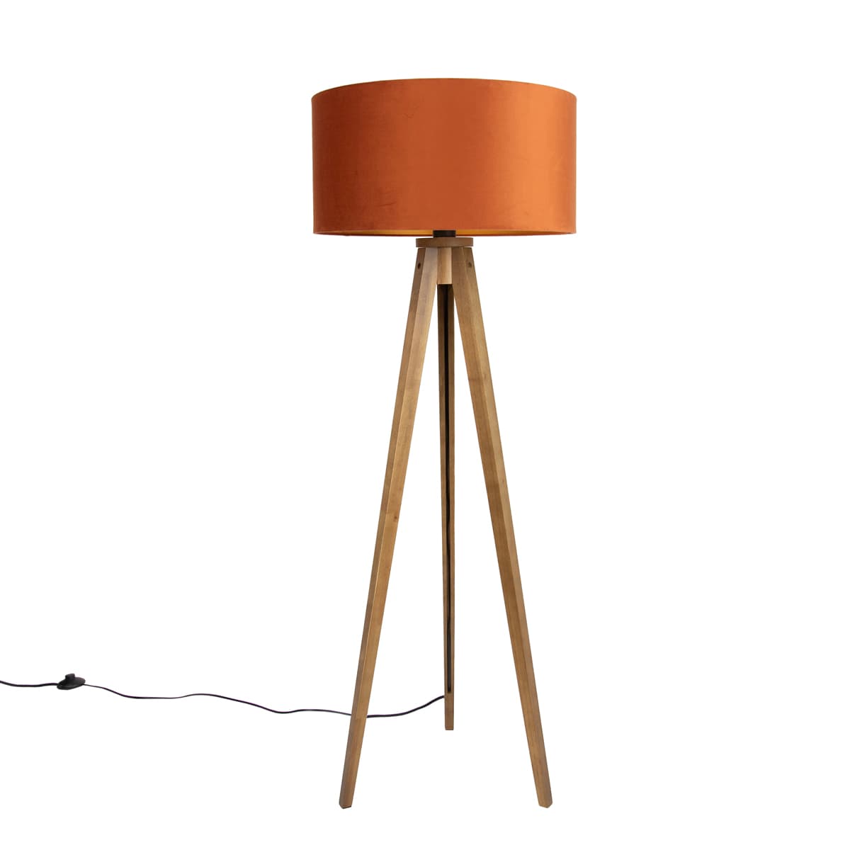 Drevená stojaca lampa s oranžovým tienidlom a zlatým interiérom 50 cm - Tripod Classic