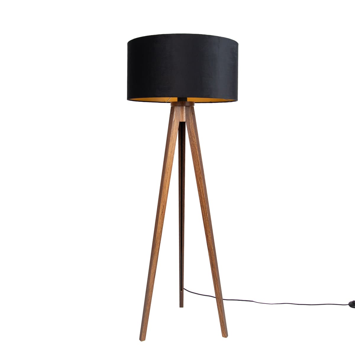 Stojacia lampa orechové drevo s čiernym tienidlom so zlatým interiérom 50cm - Tripod Classic