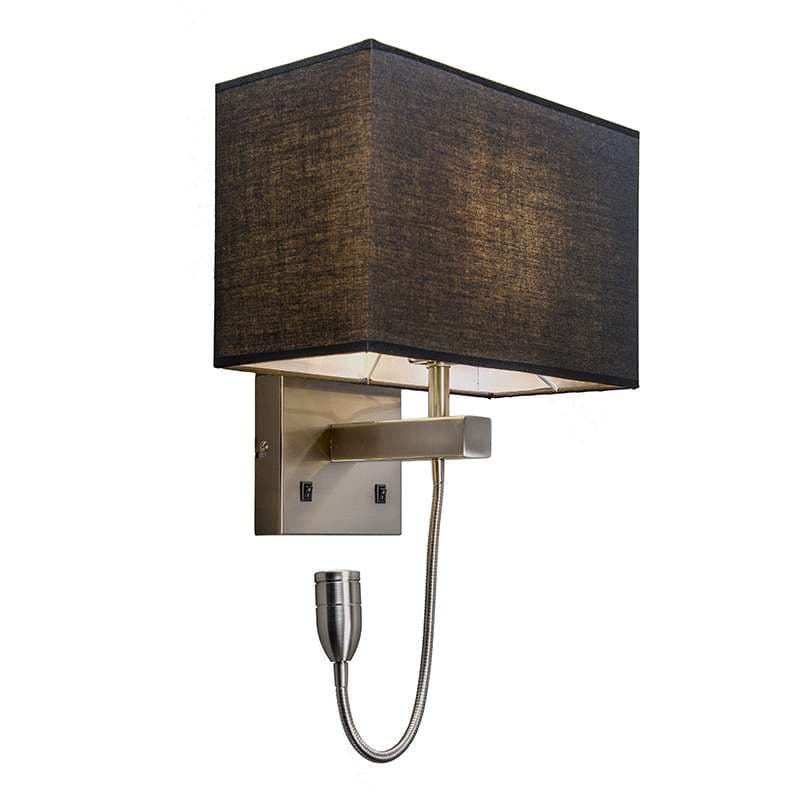 Oceľová nástenná lampa s čiernym tienidlom a čítacím ramenom vrátane LED - Bergamo