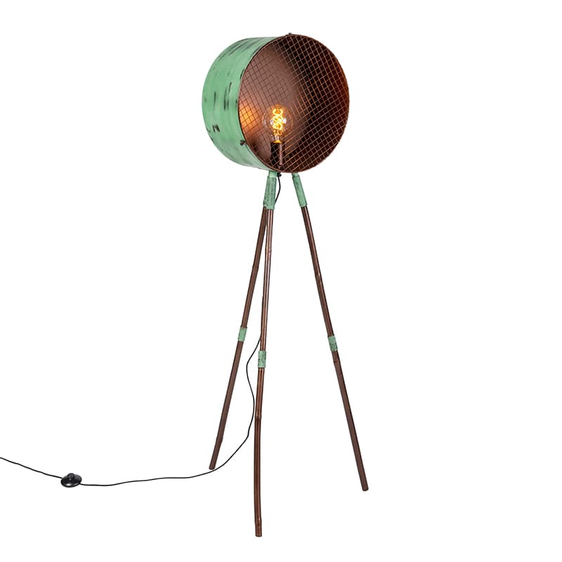 Vintage stojaca lampa na bambusovom trojnohom zelená s meďou - Barrel