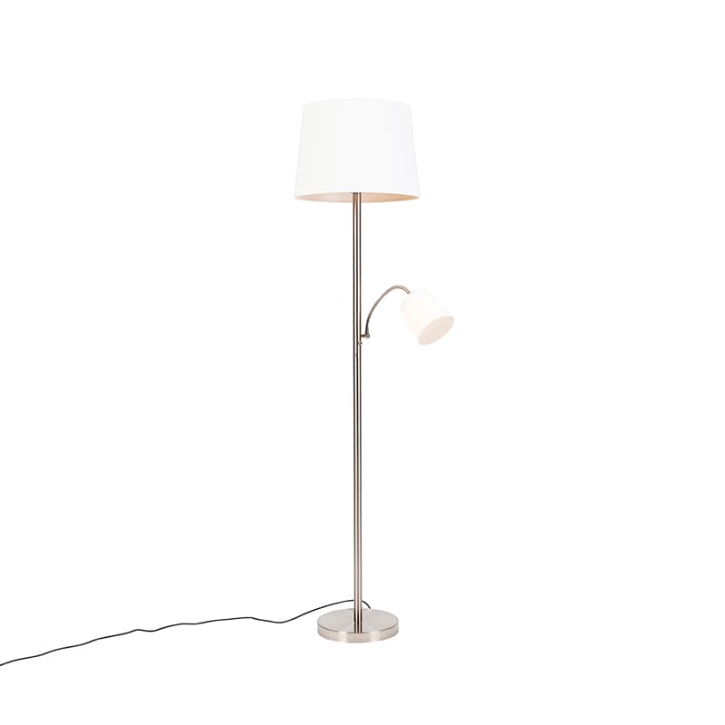 Klasická stojaca lampa oceľ s bielym tienidlom a lampou na čítanie - Retro