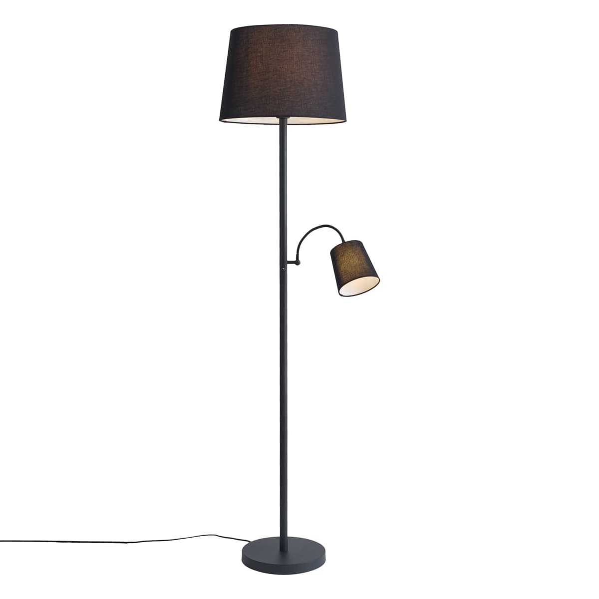 Klasická stojaca lampa čierna s čiernym tienidlom a lampou na čítanie - Retro
