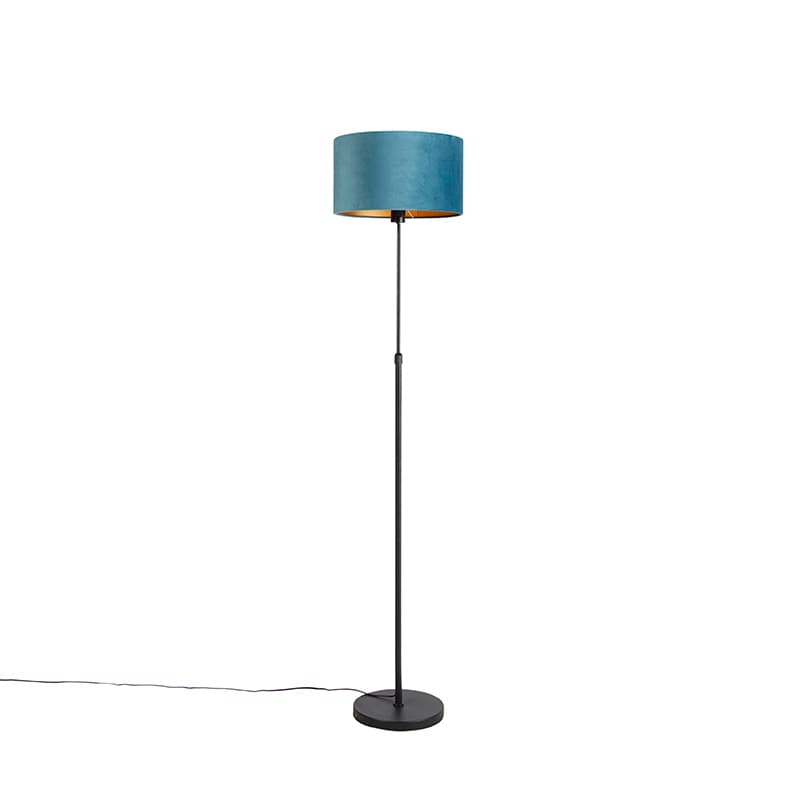 Stojaca lampa čierna s modrým zamatovým tienidlom so zlatom 35 cm - Parte