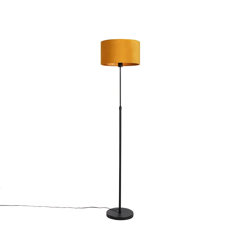 Stojaca lampa čierna s tienidlom z velúru okrovej žltej farby so zlatom 35 cm - Parte