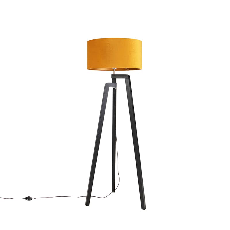 Stojaca lampa trojnožka čierna so žltým tienidlom a zlatom 50 cm - Puros