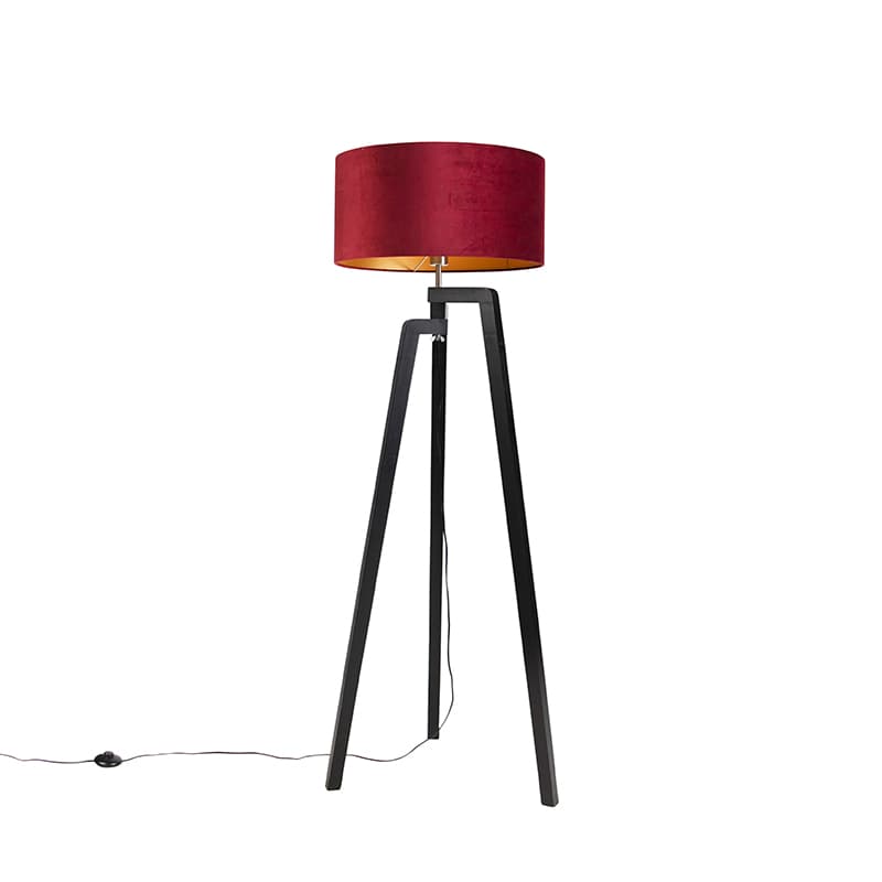 Stojaca lampa trojnožka čierna s červeným tienidlom a zlatom 50 cm - Puros