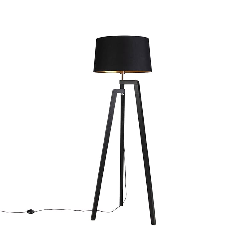 Trojnohá stojaca lampa s tienidlom z bavlny čierna so zlatom 50 cm - Puros