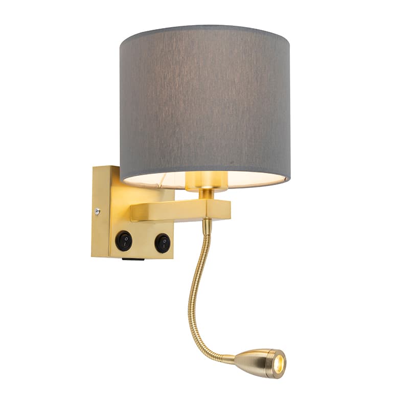 Art Deco nástenná lampa zlatá s USB a sivým tienidlom - Brescia