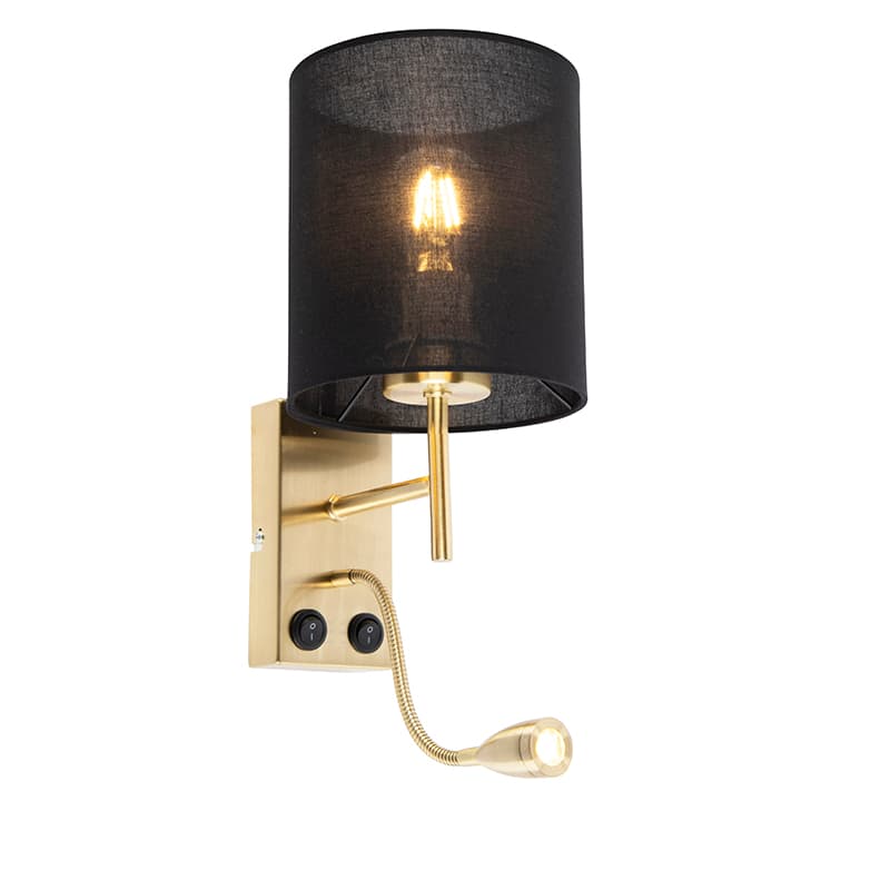 Art Deco nástenná lampa čierna s čiernym bavlneným tienidlom - Stacca