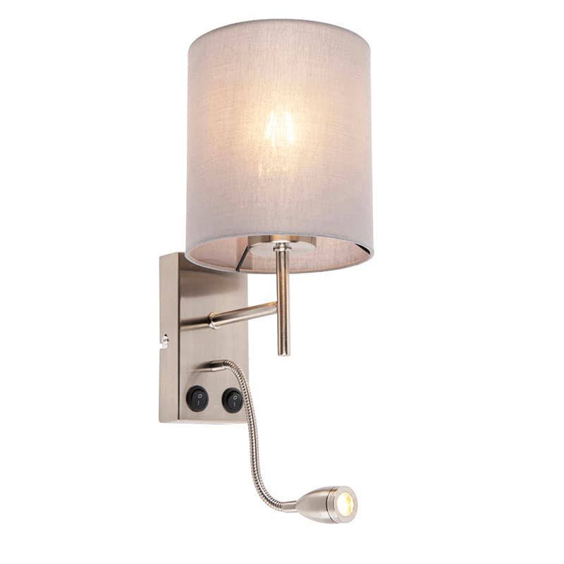 Moderná nástenná lampa oceľ s sivým bavlneným tienidlom - Stacca 1