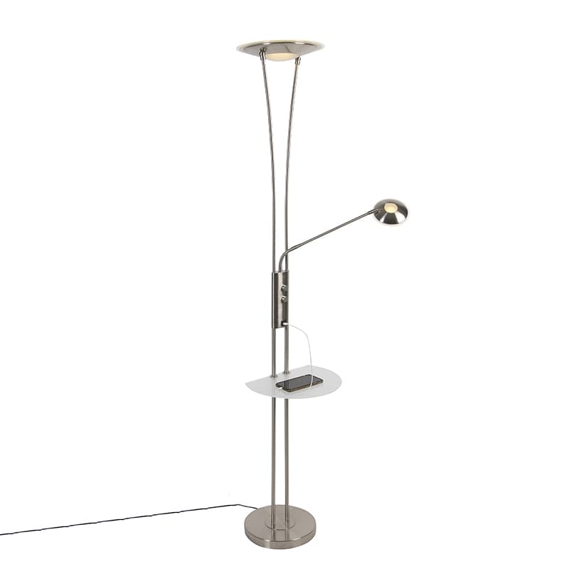 Stojaca lampa z ocele s ramenom na čítanie vrátane LED a USB portu - Sevilla