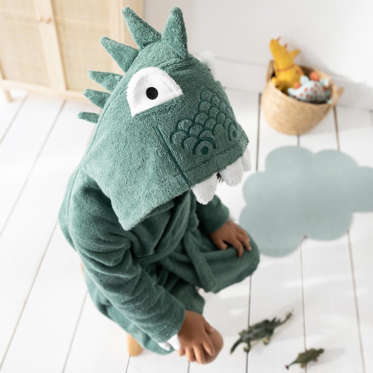 Detský župan z buklé froté zn. Colombine® s motívom dinosaura na kapucni 1