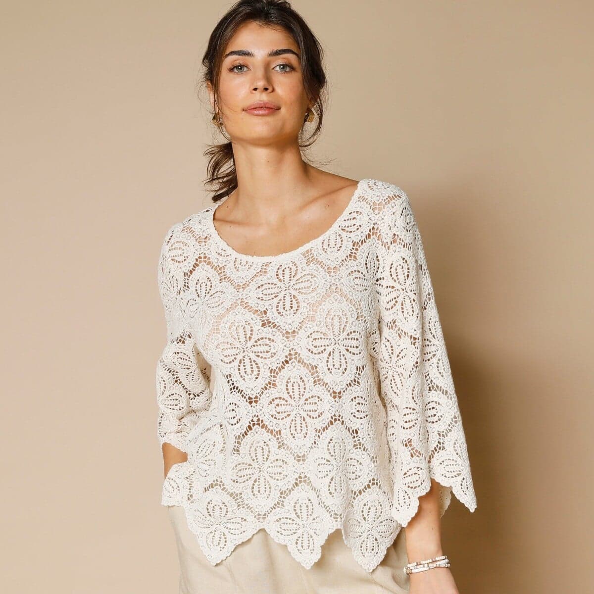 Macramé tričko s rozšírenými 7/8 rukávmi