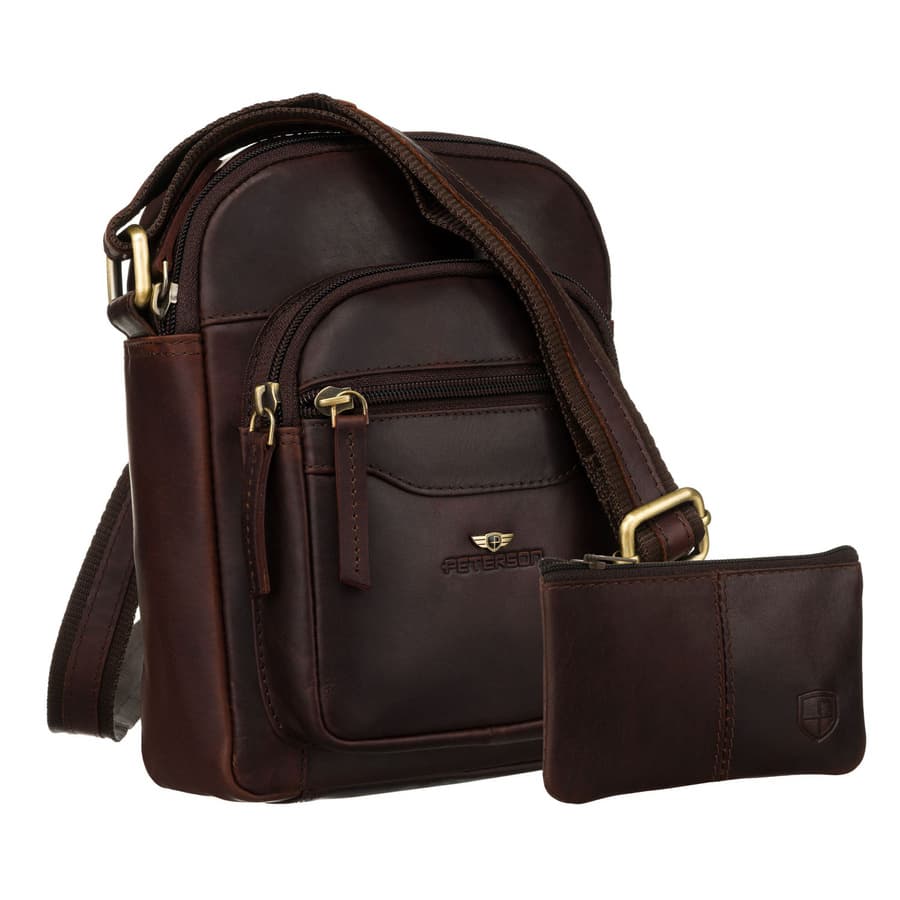 Hnedá pánska kožená crossbody taška Peterson + kožené puzdro na kľúče