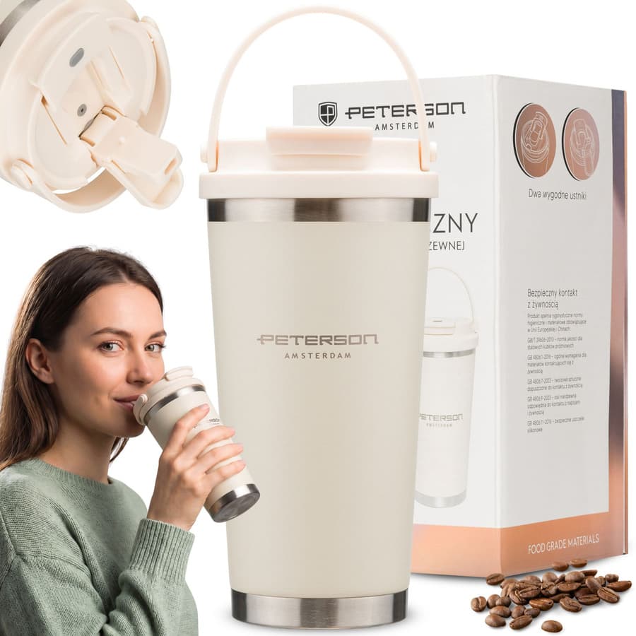 Praktyczny kubek termiczny ze stali nierdzewnej w kolorze ecru z praktycznym uchwytem, pojemność 560ml - Peterson 1