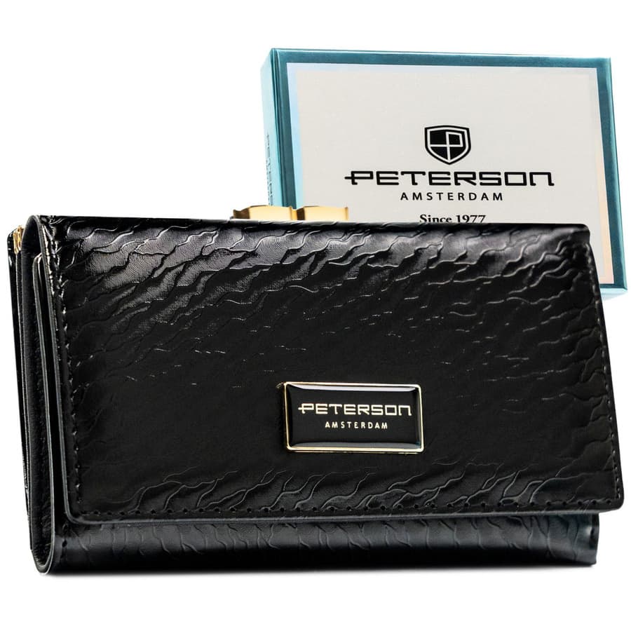 Dámska čierna peňaženka so zapínaním na patent, kovovým uzáverom a RFID ochranou