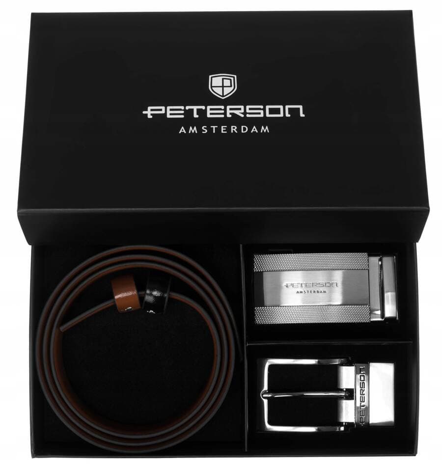 Set: obojstranný kožený opasok s vymeniteľnými prackami - Peterson - poškodená krabička