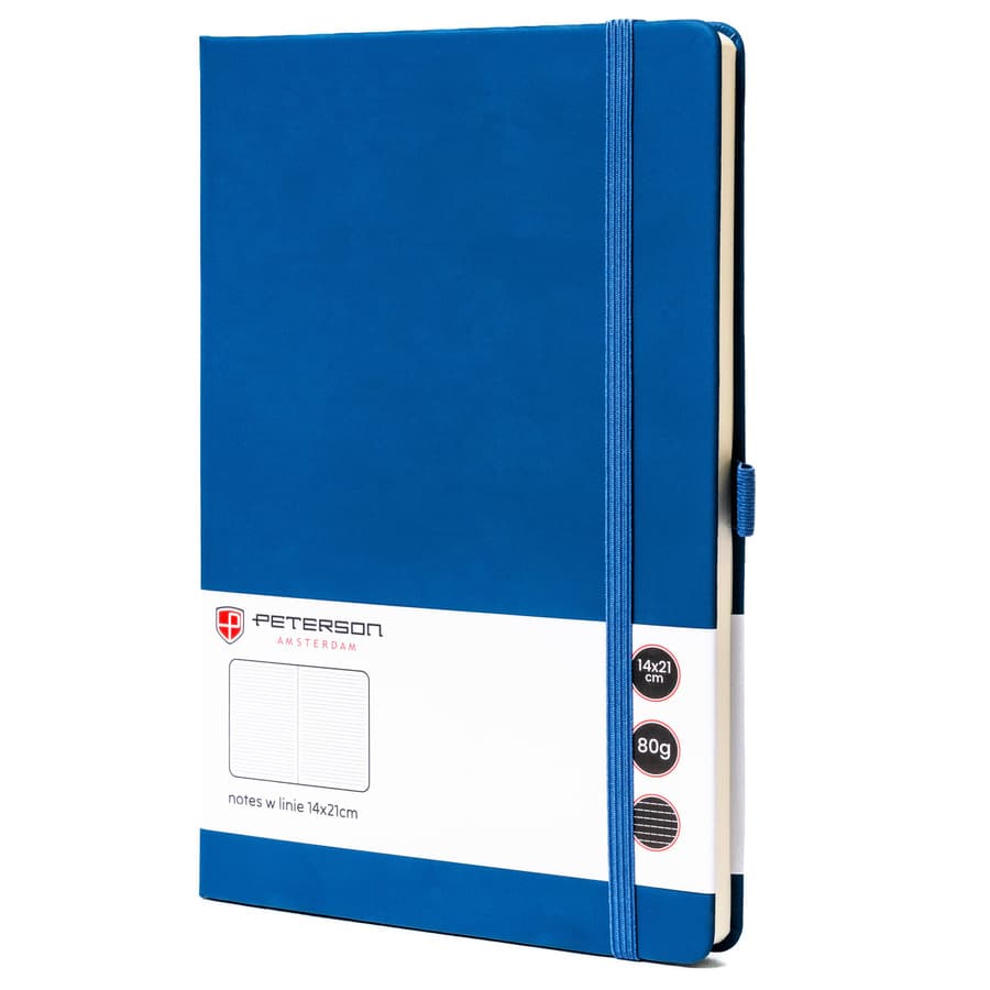 Modrý zápisník A5 s čiarovaným papierom, tvrdou väzbou a gumičkou