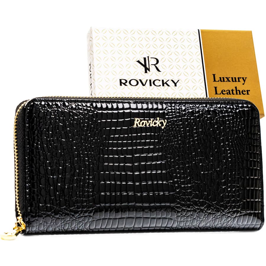 Dámska lakovaná kožená peňaženka typu puzdro v čiernej farbe so zapínaním na zips – Rovicky