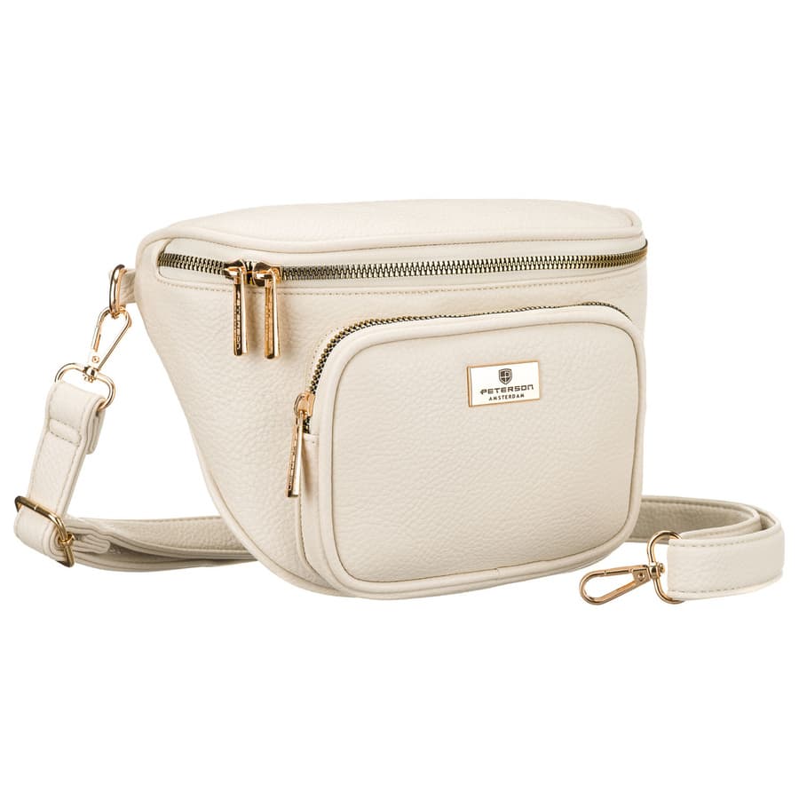 Svetlobéžová dámska crossbody kabelka z ekologickej kože so zlatými detailmi 1