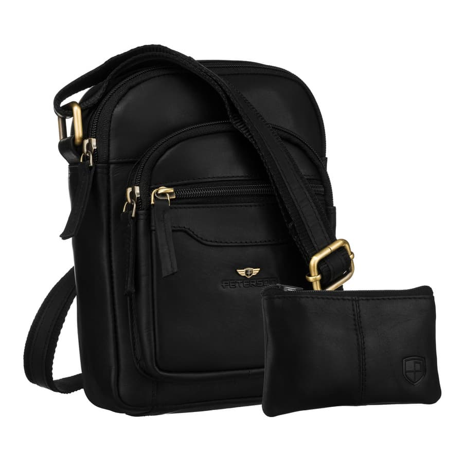 Čierna pánska kožená crossbody taška Peterson + kožené puzdro na kľúče