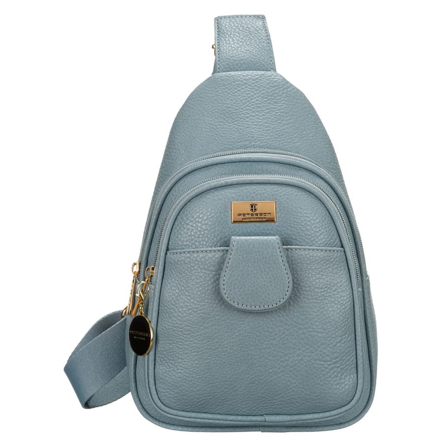 Modrá malá kapsička z ekokože so zlatými detailmi crossbody ľadvinka