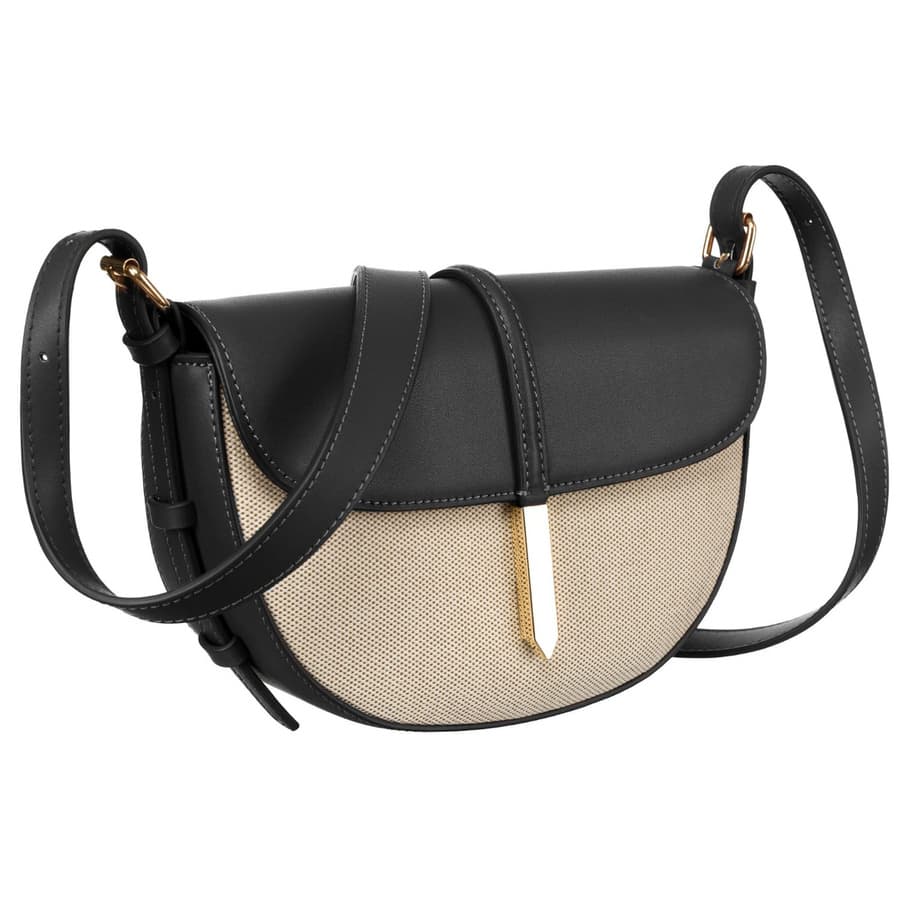 Béžovo-čierna dámska crossbody taška z prírodnej kože a canvas plátna – polkruhový tvar Peterson