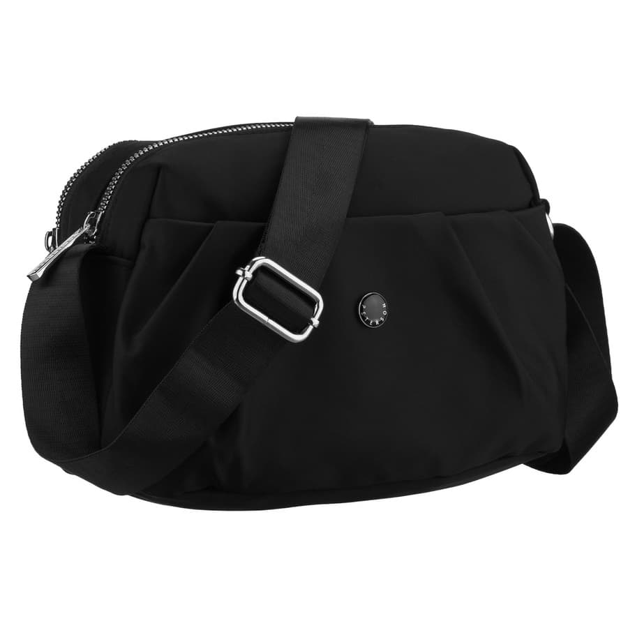 Dámska čierna dvojkomorová crossbody kabelka z polyesteru s vonkajším vreckom 1