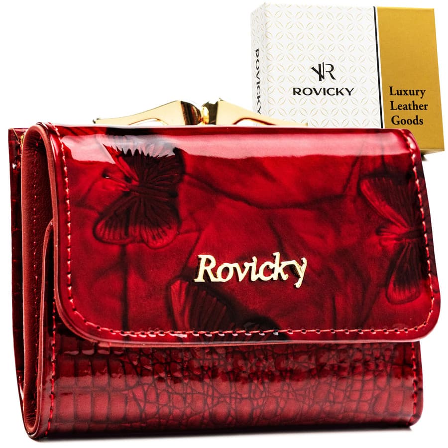 Mały, czerwony portfel damski ze skóry naturalnej z systemem RFID - Rovicky 1