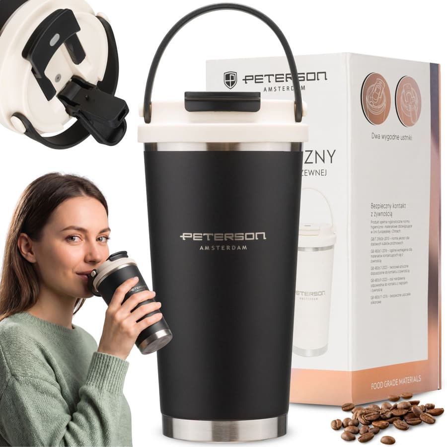 Czarny, praktyczny kubek termiczny ze stali nierdzewnej z praktycznym uchwytem, pojemność 560ml - Peterson 1