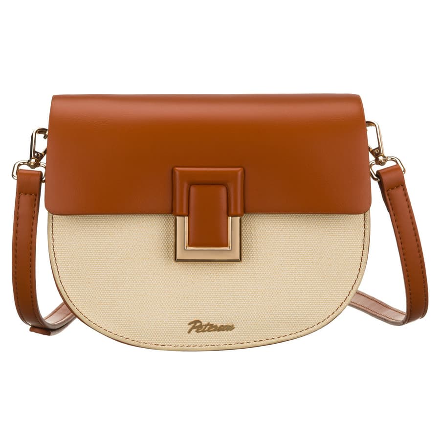 Dámska malá crossbody kabelka Peterson v tvare podkovy – ecru a hnedá so zlatými detailmi 1