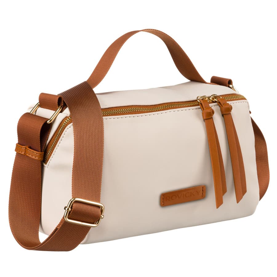 Dámska béžová crossbody kabelka z nylonu s hnedými detailmi
