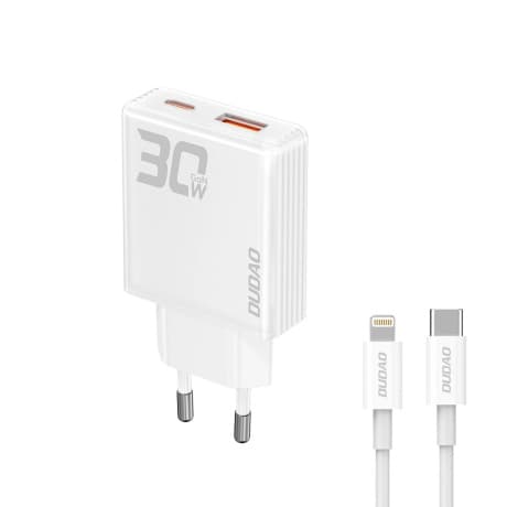 Dudao A30EUL GaN sieťová nabíjačka USB / USB-C 30W + kábel USB-C / Lightning, biela