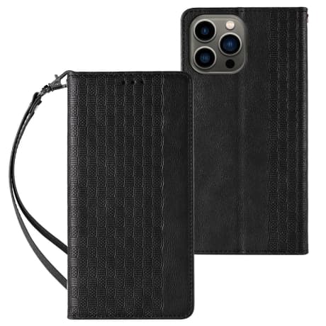 MG Magnet Strap knižkové kožené puzdro na iPhone 13 Pro Max, čierne