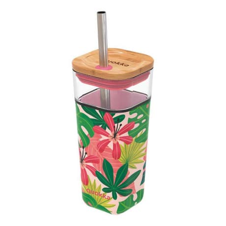 Quokka Liquid Cube pohár so slamkou 540 ml, pink jungle flora 1