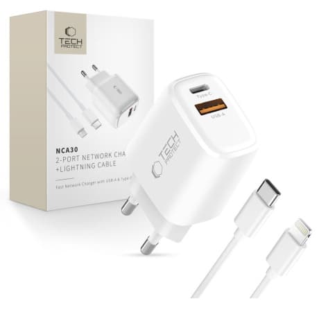 Tech-Protect NCA30 sieťová nabíjačka 30W PD QC + kábel Lightning, biela 1