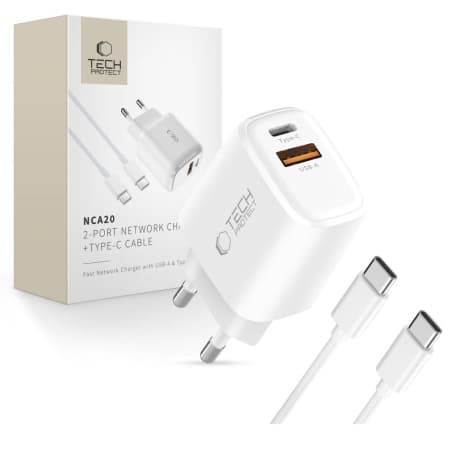 Tech-Protect NCA20 sieťová nabíjačka 20W PD QC + kábel USB-C, biela 1