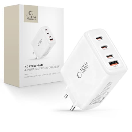 Tech-Protect NC120W GaN sieťová nabíjačka USB / 3x USB-C 120W PD QC, biela 1