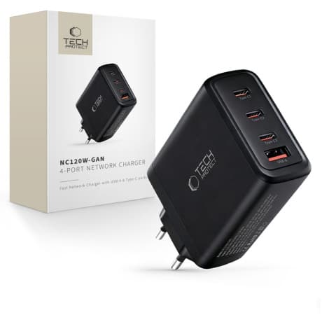 Tech-Protect NC120W GaN sieťová nabíjačka USB / 3x USB-C 120W PD QC, čierna