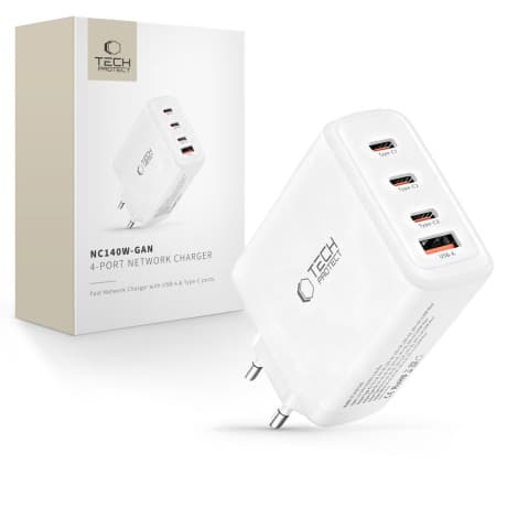Tech-Protect NC140W GaN sieťová nabíjačka USB / 3x USB-C 140W PD QC, biela