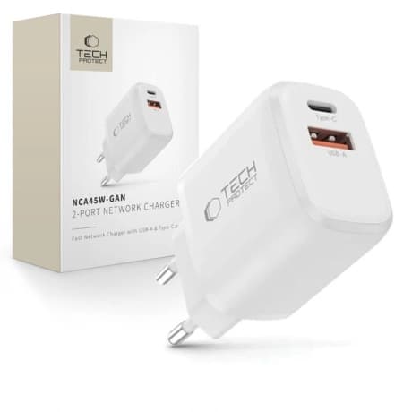 Tech-Protect NCA45W GaN sieťová nabíjačka USB / USB-C 45W PD QC, biela