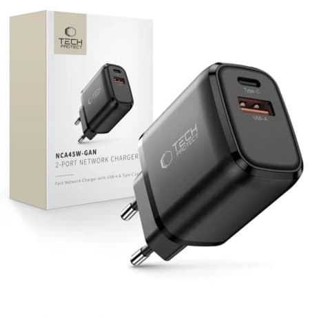 Tech-Protect NCA45W GaN sieťová nabíjačka USB / USB-C 45W PD QC, čierna 1