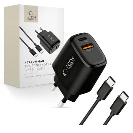 Tech-Protect NCA45W GaN sieťová nabíjačka USB / USB-C 45W PD QC + kábel USB-C, čierna