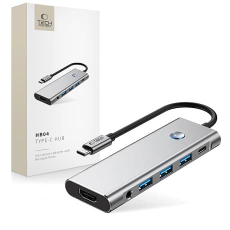 Tech-Protect HB04 HUB adaptér USB-C - 3x USB / HDMI 4K / SD / TF / USB-C 100W / AV 3.5, šedý 1
