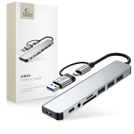 Tech-Protect HB06 HUB adaptér USB-C + USB - 4x USB / USB-C / SD / TF / AV 3.5, šedý 1