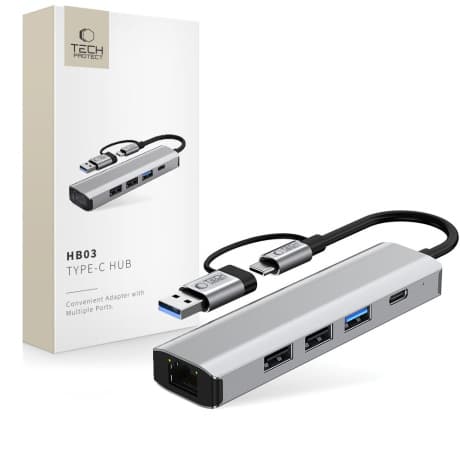 Tech-Protect HB03 HUB adaptér USB-C + USB - 3x USB / USB-C / RJ45, šedý 1