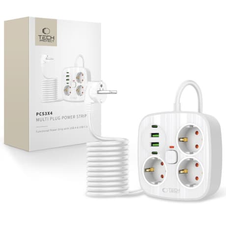Tech-Protect PCS3X4 predlžovací kábel 2x USB / 2x USB-C / 3 zásuvky 2m, biela