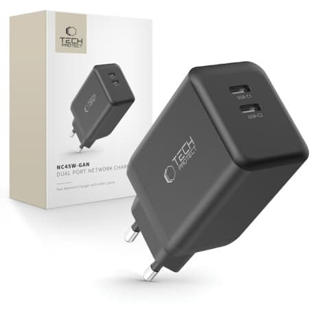 Tech-Protect NC45W GaN sieťová nabíjačka 2x USB-C 45W, čierna 1