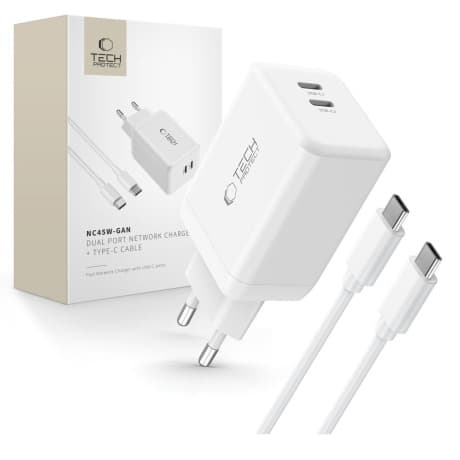Tech-Protect NC45W GaN sieťová nabíjačka 2x USB-C 45W + kábel USB-C, biela 1